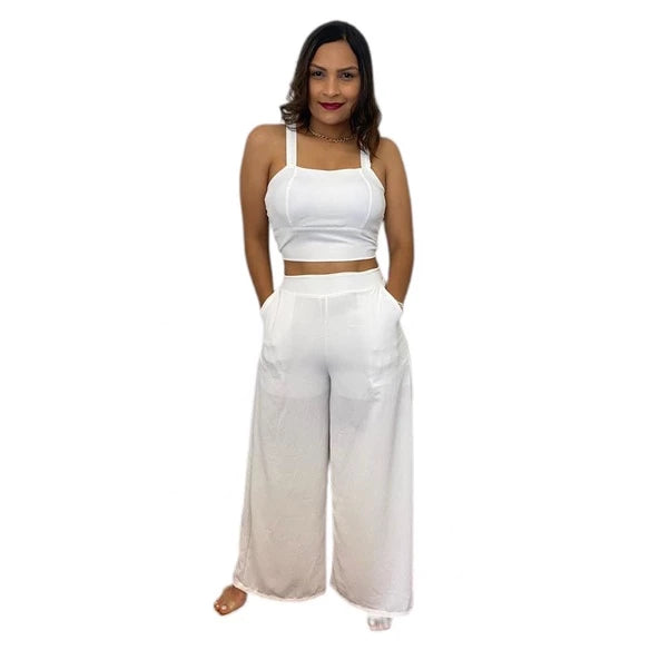 Conjunto de Calça Pantalona Flare e Cropped com Elastano